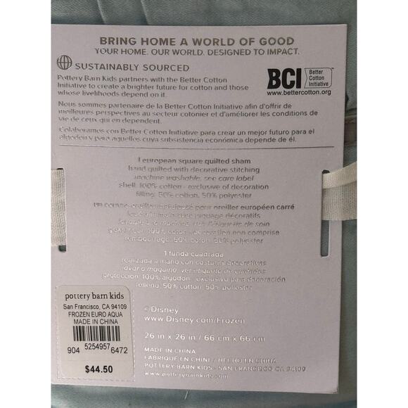 Pottery Barn Kids x Disney Frozen Euro Sham Aqua Blue 26"x26" NWT - Picture 2 of 5